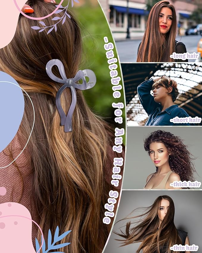 4 PCS Bow Hair Clips Bow Claw Clip for Women Nonslip Large Hair Claw Clips for Thin and Thick Hair Strong Hold Hair Bows (Purple+Rose red+Orange+Light brown)