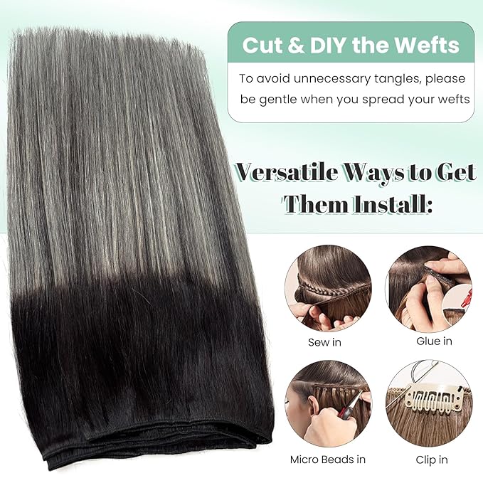 Black to Silver Grey Balayage Hair Extensions Human Hair Weft Hand Tied Sew in Hair Extensions 18 Inch 100G Straight Natural Sew in Black Silver Grey Human Hair Extensions 2-3 Packs for Full Head