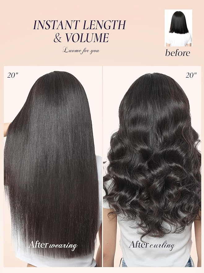 LUVME Handmade Weft Clip in Hair Extensions Human Hair 20 Inch 150g 9pcs Natural Black Straight Full Volume Seamless Blend, Firm Non-Slip Clips