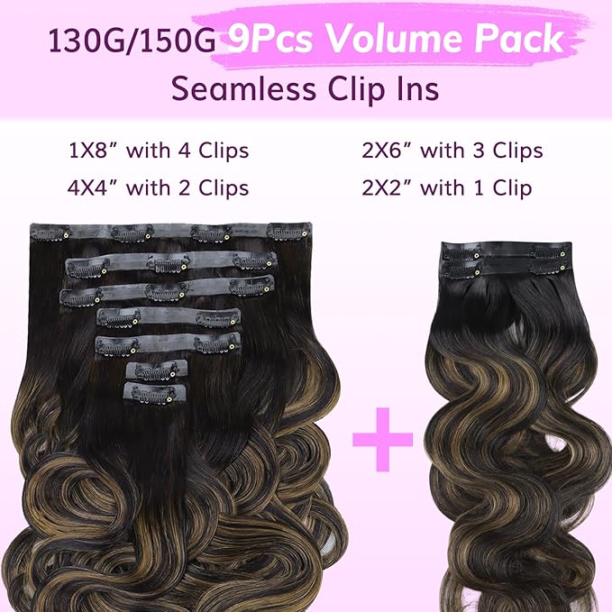 IDN BEAUTY Seamless Clip In Hair Extensions Human Hair Body Wave 130g 1B/6/1B Balayage Natural Black to Chestnut Brown Remy Hair Seamless Clip Ins For Black Women PU Invisible Edge 14 Inch 9pcs