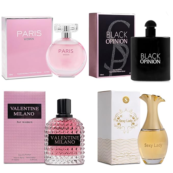 4PCS Perfume Set for Women - Floral Fragrance Gift Set with Vanilla,Sweet Fruity, Eau De Parfume| 3.4 Fl Oz Each Women's Cologne(Valentine Milano,Sexy Lady,Paris,Black Opinion)