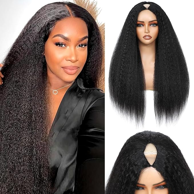V Part Wig Human Hair Kinky Straight Human Hair Wigs Upgrade U Part Human Hair Wig for Women No Leave Out No Sew In 200% Density Natural Color 28 Inch