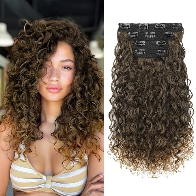 Clip in Hair Extensions, FLUFYMOOZ 4PC 100％ Pure Protein Silk Hair Extensions Long Soft Natural Hairpiece 16 Inch Curly Hair Extension for Women (Brown to Dirty Blonde)