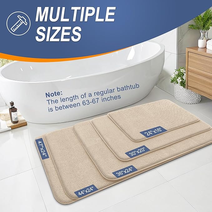 OLANLY Thick Memory Foam Bath Mat Rug 47x20, Extra Soft Absorbent Bathroom Rug, Quick Dry Bath Mats, Non-Slip, Machine Washable Carpet for Bathroom, Tub and Shower, Home Decor Accessories, Beige