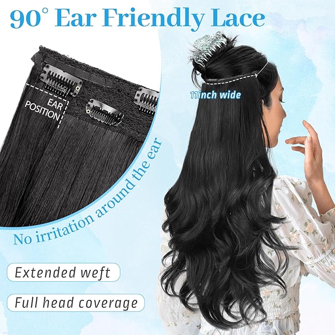 KooKaStyle Invisible Wire Hair Extensions Long Wavy Layered Synthetic Hair Extensions with Transparent Wire Adjustable Size 6 Secure Clips Black Hairpieces for Women 20 Inch