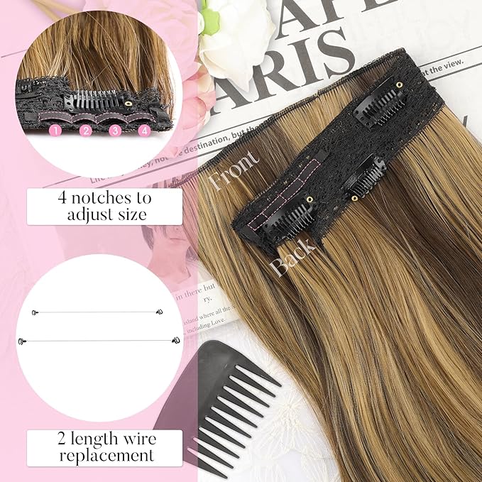 Invisible Wire Hair Extensions with Transparent Wire Adjustable Size 4 Secure Clips Long Wavy Secret Hairpiece 20 Inch for Women(Balayage Chocolate Brown to Caramel Blonde)