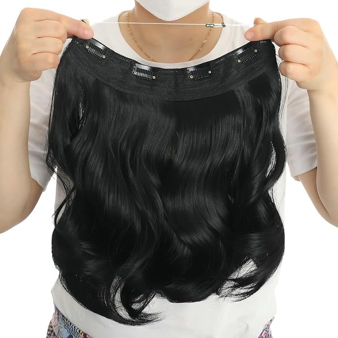 Invisible Wire Hair Extensions Transparent Wire Adjustable Size 4 Secure Clips Long Wavy Curly Secret Hairpiece 14 Inch for Women