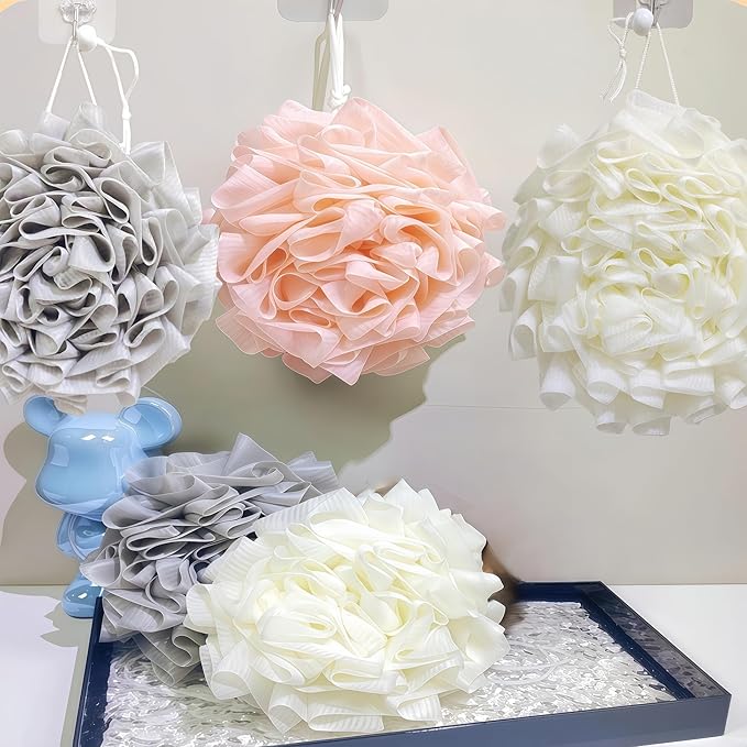 3-Pack Bath Loofah Set with Dual-Sided Shower Puff - Includes Soap Pocket, Hanging Rope, and Gift Box - Loofah for Women and Men - Shower Sponge for Body with Rich Lather（ Beige & Pink & Gray ）