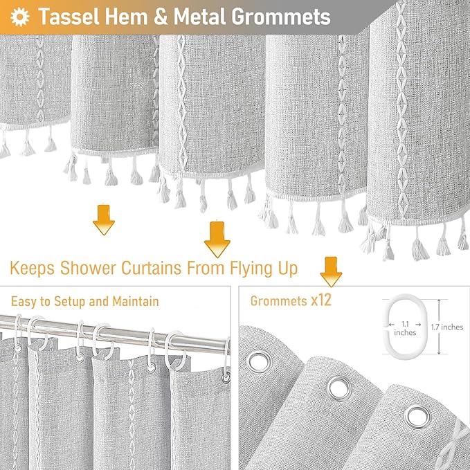 BTTN Boho Farmhouse Shower Curtain - Linen Rustic Heavy Duty Striped Fabric Shower Curtain Set with Tassel, Bohemian Vintage Country Cloth Shower Curtains for Bathroom，Grey，72" W x 96" L (Pack of 1)