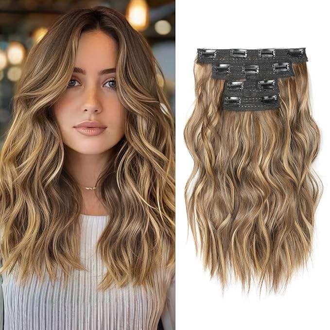 Hair Extensions, 14" Short Clip in Hair Extensions 4PCS Beach Wave Blonde Natural Soft Synthetic Hairpiece for Women - Light Brown with Highlights