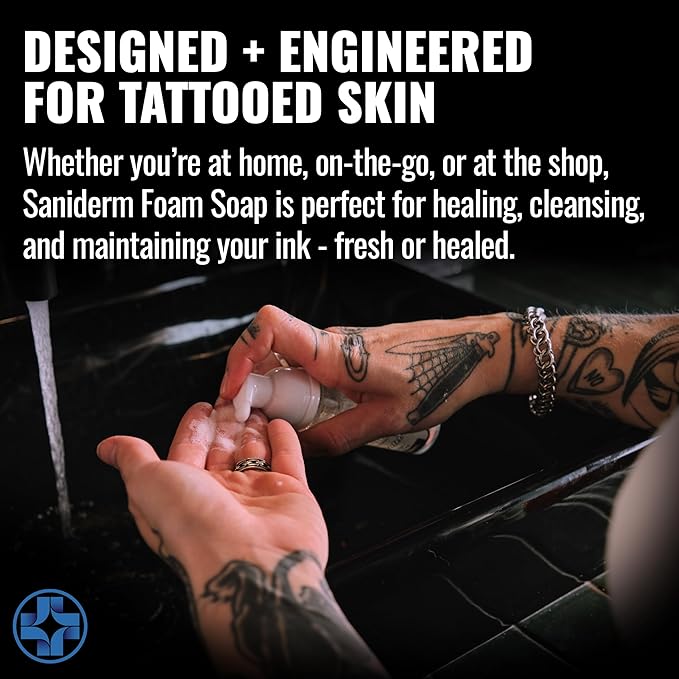 Saniderm Foaming Tattoo Soap (32oz Shop Size) – Gentle Soap for Tattooed Skin, Infused with Antimicrobial Colloidal Silver, Aloe Vera, and Nourishing Sea Buckthorn Oil