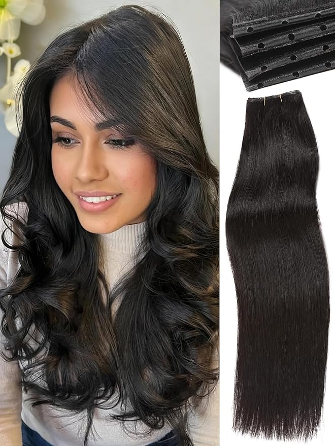 WIGNEE Butterfly Invisible Weft Hair Extensions Human Hair 100% Remy Hair Weft Black Hair Extensions Human Hair 18 Inch Glueless Genius Micro Bead Real Human Hair Extensions for Strong Volume(1B)