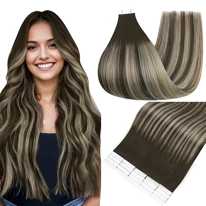 Full Shine Tape in Extensions Color 2 Fading to 60 Blonde Highlight 2 Darkest Brown Balayage 12 Inch Invisible Short Hair Extensions Tape in 30G Tape Ins Human Hair Extensions 20Pcs for Party