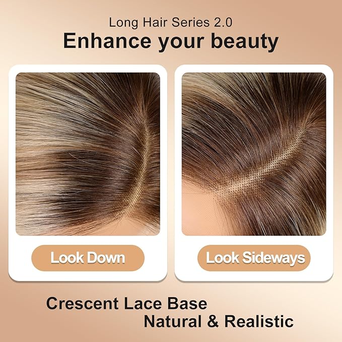 KKU 18 Inch Ombre Golden Brown Human Hair Wigs for Women,Layered Straight Hair Wig with Side Bangs,Wear Natural Realism