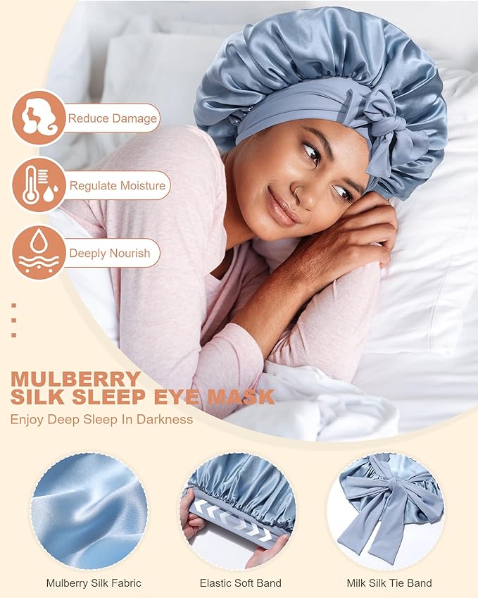 Mulberry Silk Bonnet Sleeping Women Curly Hair Bonnets Tie Band Double Layer Reversible Sleep Bonnet Silk Hair Wrap Sleep Cap