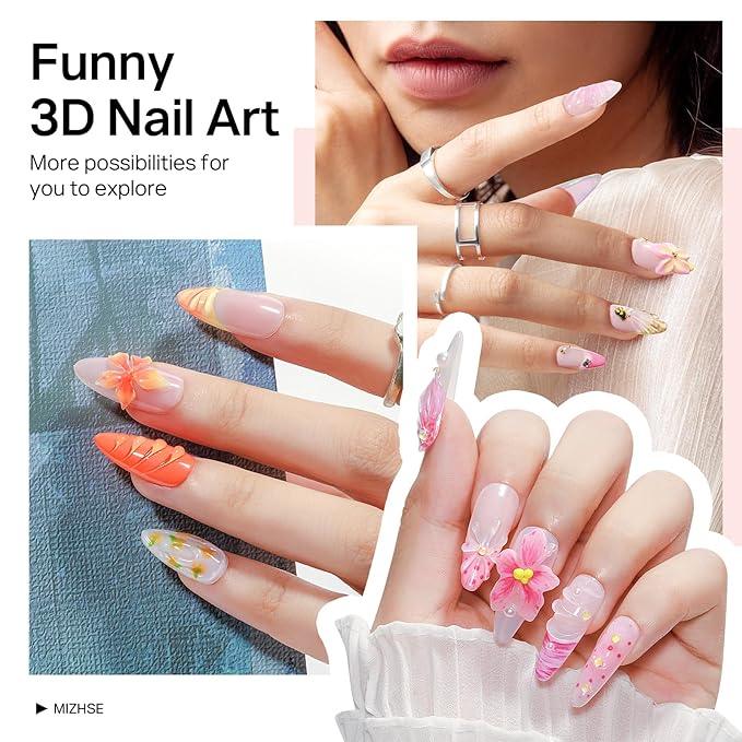 MIZHSE 3D Gel Nail Art, Sculpting Gel Glue 15g for Molding, Drawing, Charms & Gems, Chrome Powder, Rhinestone Design, Clear No Wipe Nail Polish for DIY Winter Christmas Nail Art, Lamp Curing Needed