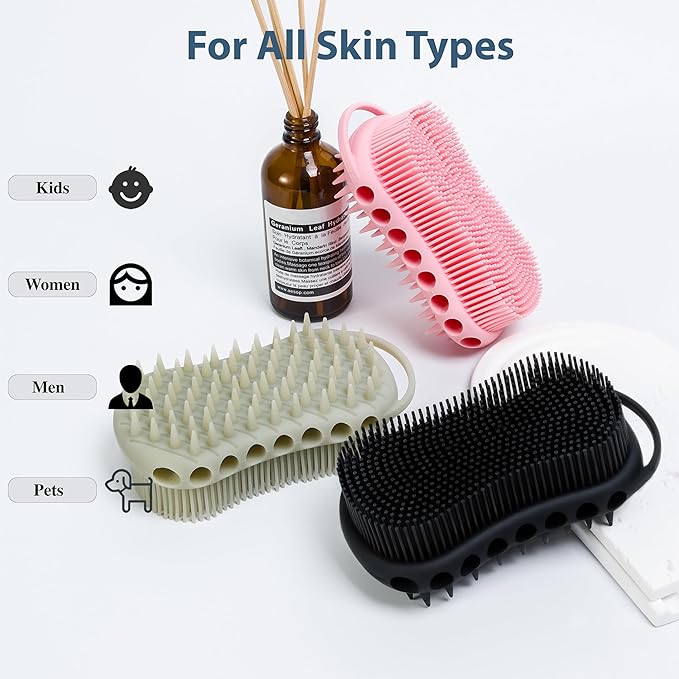 MtBoi Double-Sided Exfoliating Silicone Body Scrubber, 2-in-1 Bath Scrubber, Shampoo Brush, Silicone Loofah for All Skin Types, Shower Body Scrubber, Easy to Clean, Lather Well (Black)