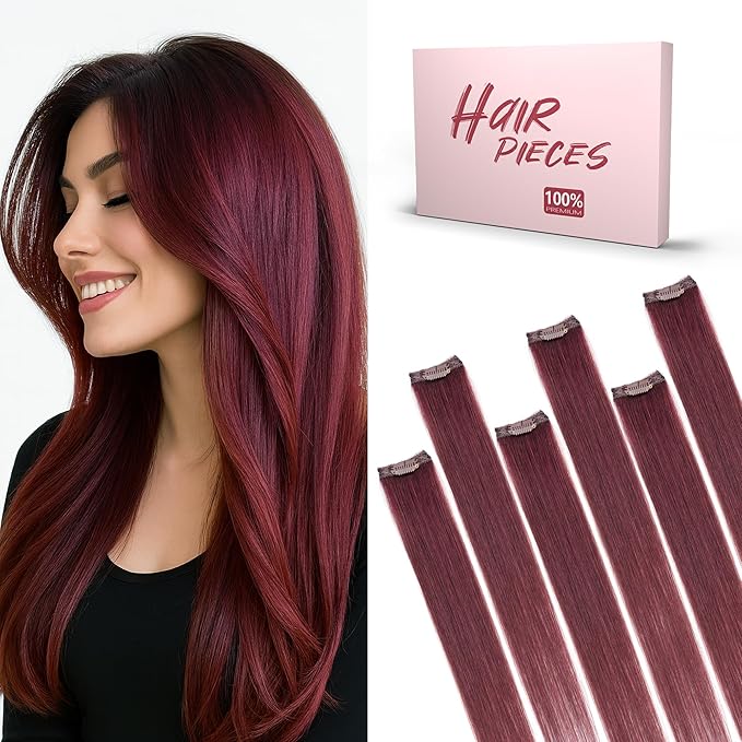 SEGO Single Clip In Hair Extensions Real Human Hair 6 Pcs Individual Clip Ins Highlight Remy Balayage Straight Soft Seamless Hairpieces for Women -22 Inch #99J Wine red