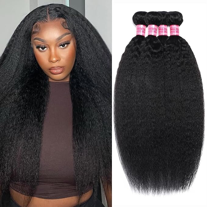 4 Bundles Kinky Straight 18 20 22 24 Inch Human Hair Yaki Straight Bundles 100% Unprocessed Weave Raw Hair 12A Brazilian Virgin Kinkystraight Natural Color Hair Extensions