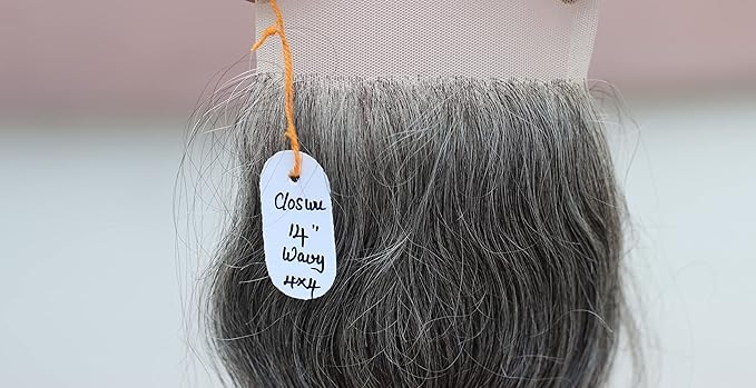 4x4 Closure 14" Salt & Pepper/Natural Gray Transparent Lace Hand Made with 100% Natural Indian Virgin Temple Raw Hair