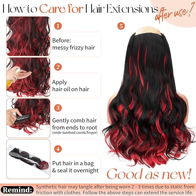 Kookastyle Clip in Hair Extensions 4 pcs Natural Long Synthetic Curly Hairpieces Layered Soft Invisible for Women Black Mix Red Highlights 20 Inch