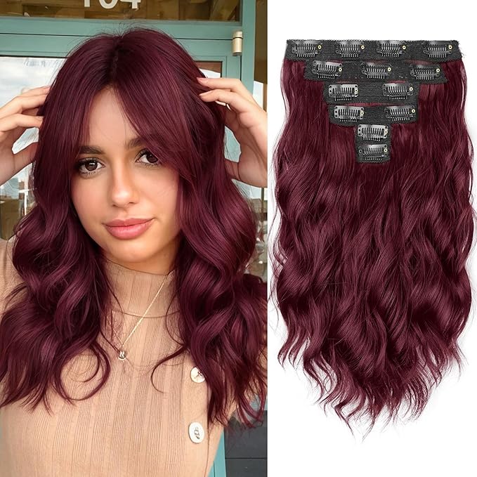 KooKaStyle Short Hair Extensions 6PCS 14 Inch Wavy Curly Hairpieces Synthetic Soft Lace Weft Clip in Hair Extensions-Burgundy for Women