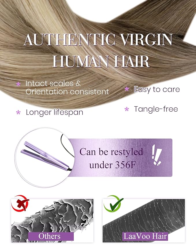 LaaVoo Nano Bead Human Hair Extensions Ombre Light Brown to Ash Blonde with Platinum Blonde Nano Hair Extensions Human Hair Silky Straight 22 Inch 50g/s