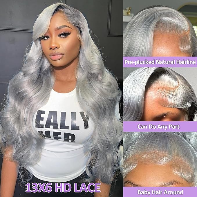 Grey 13x6 Lace Front Wigs Human Hair 200 Density HD Body Wave Lace Front Wigs Human Hair Pre Plucked Pre Cut Lace Frontal Wig 13x6 Body Wave Wig for Women 26 Inch