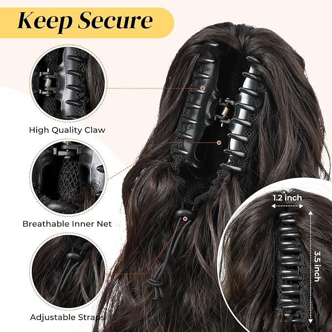 LONAI Ponytail Extension, 18" Wavy Claw Clip Ponytail Extensions Shoulder Length Curly Wavy Claw Clip in Ponytail Hair Extensions Synthetic Fake Ponytail Hairpieces - Deep Brown with Blonde Highlights