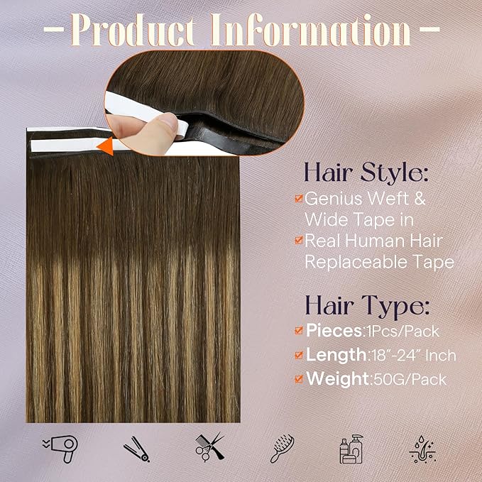 Full Shine Tape in Hair Extensions Human Hair Color 4 Medium Brown Ombre 24 Blonde And 4 Genius Weft Tape in Extensions Real Human Hair Double Weft 50G One Piece 22Inch Wire Adjustable Size