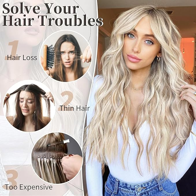 ALXNAN Clip in Long Wavy Synthetic Hair Extension 20 Inch Ash Blonde Mix Highlights 4PCS Thick Hairpieces Fiber Double Weft Hair for Women