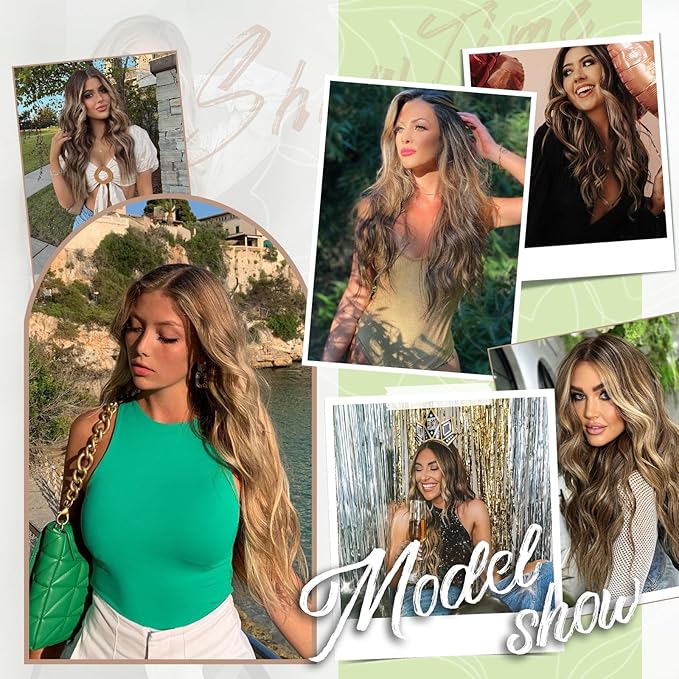 KooKaStyle Invisible Wire Hair Extensions with Transparent Headband Adjustable Size 4 Secure Clips Long Wavy Secret Wire Hairpiece 20 Inch for Women(Medium Brown with Blonde)626D#