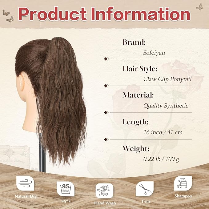 SOFEIYAN Ponytail Extension 16" Curly Wavy Claw Clip Ponytail Hair Extensions Small Claw Clip in Hairpiece Fluffy Clip on Pony Tails Jaw Clips for Women Synthetic Hairpiece, Brown/Light Auburn Mixed