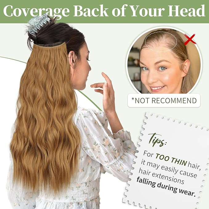 KooKaStyle Invisible Wire Hair Extensions with Transparent Headband Adjustable Size 4 Secure Clips Long Wavy Highlight Hairpiece 20 Inch Medium Reddish Blonde for Women