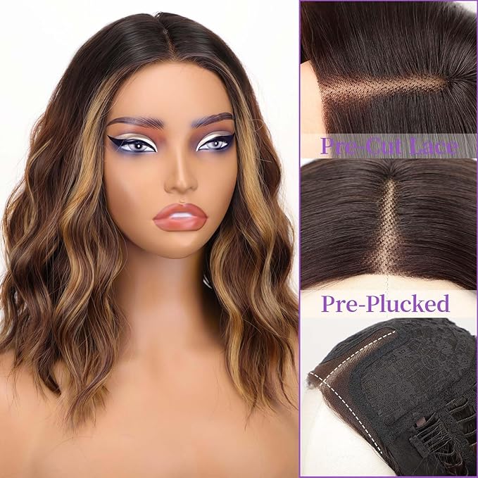 AISI HAIR 14 Inch Brown Chestnut Highlight Wigs for Women - Shoulder Length Wave Wig with Pre-Cut Lace Hairline, Middle Part Natural Wavy Bob Synthetic Heat Resistant Fiber for Daily and Party