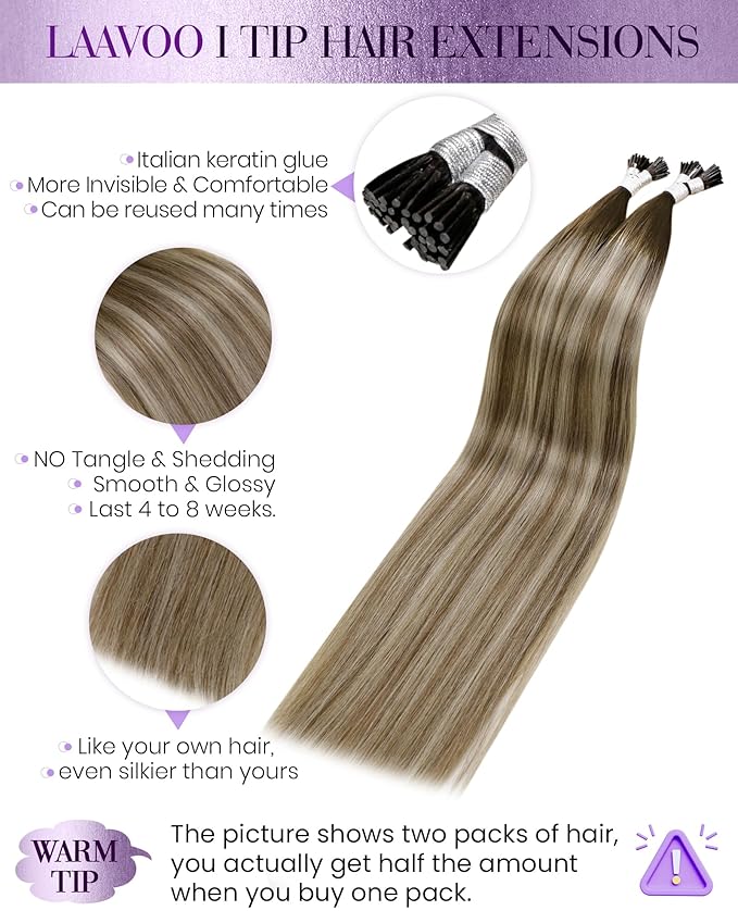 LaaVoo Itip Human Hair Extensions Dark Brown with Light Brown Ombre Light Blonde I Tip Hair Extensions 18" 1g/1s 50g/pack