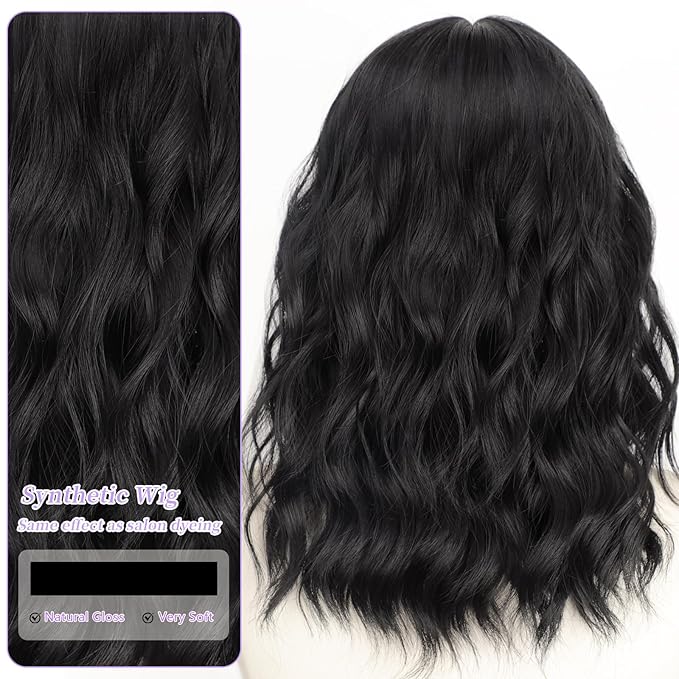 AISI HAIR 14 Inch Natural Black Wigs for Women - Shoulder Length Wave Wig with Pre-Cut Lace Hairline, Middle Part Natural Wavy Bob Synthetic Heat Resistant Fiber for Daily and Party