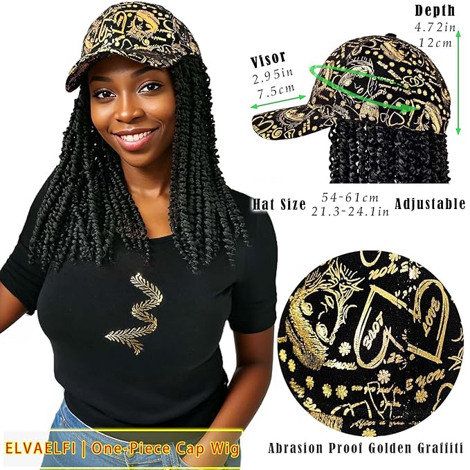 12inch Passion Twist Hair Extensions, Gold Graffiti Baseball Cap Wig, Breathable Synthetic Hair for Women