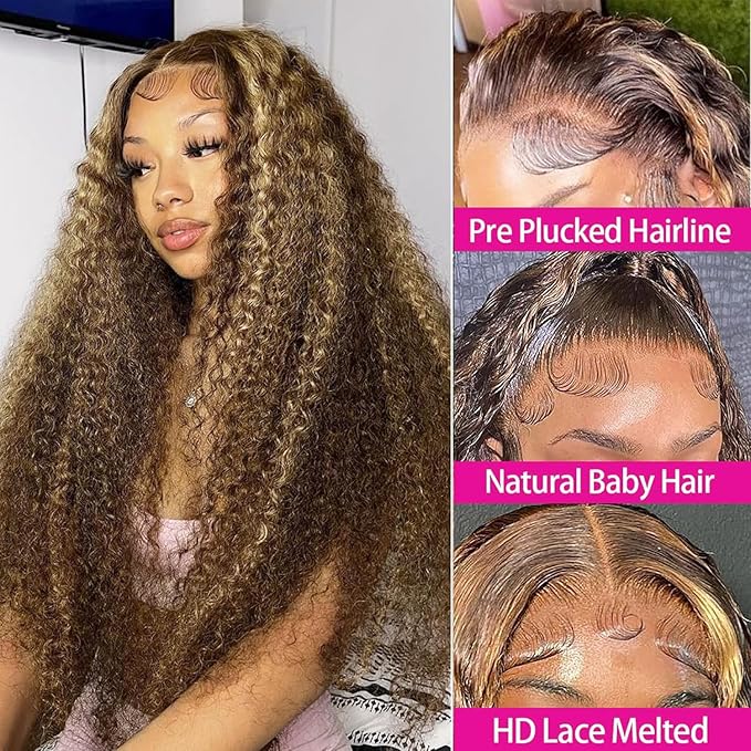 28 Inch Highlight Ombre Lace Front Wig Human Hair Deep Wave 13x6 HD Lace Frontal Wigs Human Hair P4/27 Colored Curly Wigs for Women Human Hair Glueless Pre Plucked Wig 180% Density