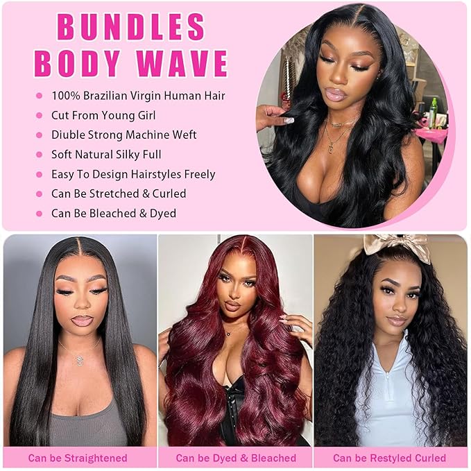 16A Raw Human Hair Bundles 16 18 20 22 Inch Body Wave Bundles Human Hair 100% Unprocessed Brazilian Virgin Hair 4 Bundles Human Hair Natural Color Extensions Quick Weave