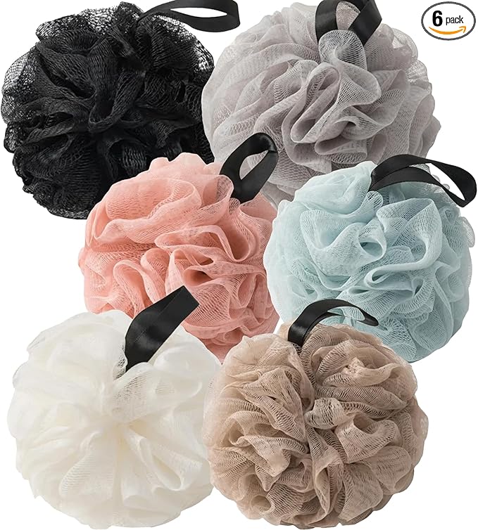 Loofah Sponges for Shower,Neutral Plus 6 Pack - Black, Gray, Beige, Khaki, Blue & Pink