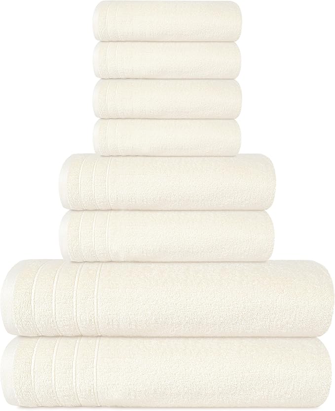 Tens Towels Pack of 8 Towels Set, 2 Extra Large Bath, 2 Hand, 4 Washcloths, 100% Cotton, Lighter Weight, Quicker to Dry, Super Absorbent, Perfect for Bathroom, Cream