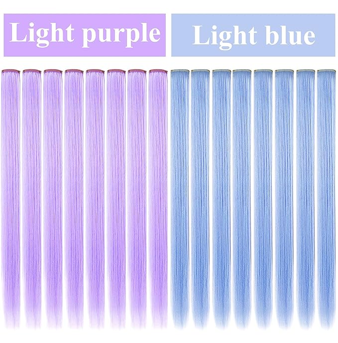 Rhyme Multi-colored Hair Extensions for Kids 21" Colored Clip in Hair Extensions Girls Hair Clips Party Highlights Hair Accessories 12 PCS (Light blue,Light purple)