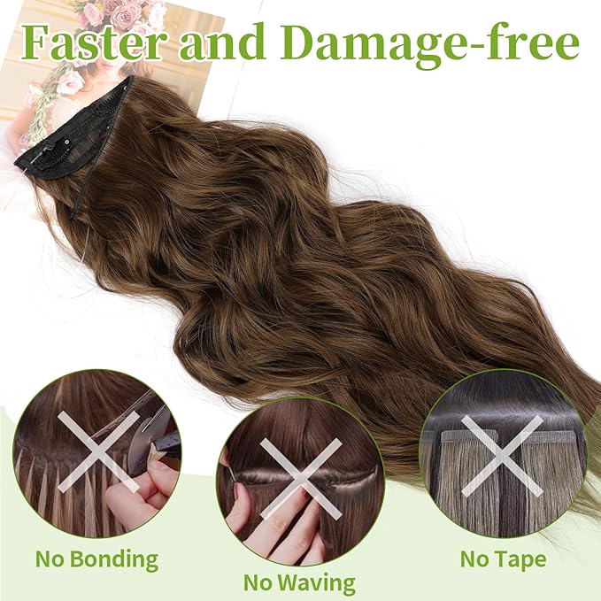 KooKaStyle Invisible Wire Hair Extensions with Transparent Wire Adjustable Size Long Wavy Synthetic Hairpiece Rich Medium Brown 20 Inch with 4 Secure Clips for Women