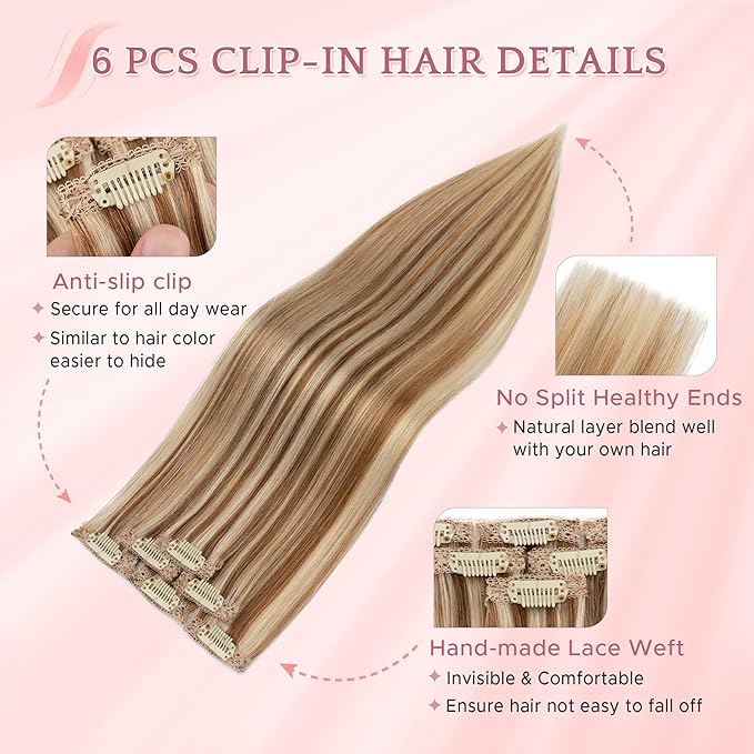 SEGO Single Clip In Hair Extensions Real Human Hair 6 Pcs Individual Clip Ins Highlight Remy Balayage Straight Soft Seamless Hairpieces for Women -14 Inch #6P613R Light Brown & Bleach Blonde