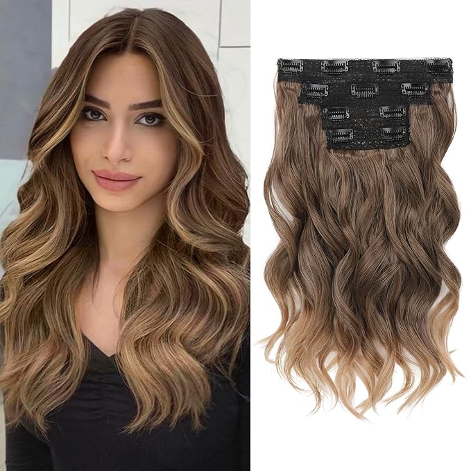 REECHO Clip in Hair Extensions - 14" Short Beach Wavy Hairpieces with Invisible Lace Weft - Natural Soft Hair - Light Brown with Golden Ends