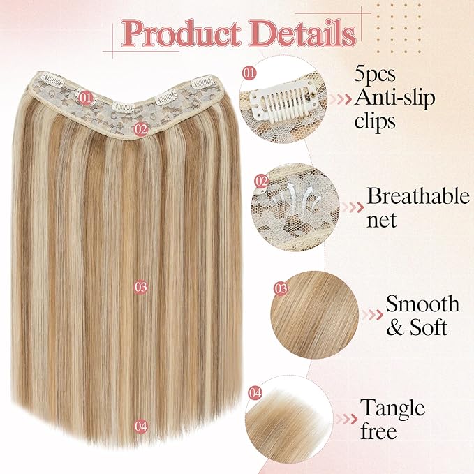 One Pieces Clip in Hair Extensions Human Hair Upgraded V-Shaped 5 Clips in Hair Extensions Human Hair Long Hairpiece For Women,20 Inch,#12P613 Golden Brown mixed Bleach Blonde,70g