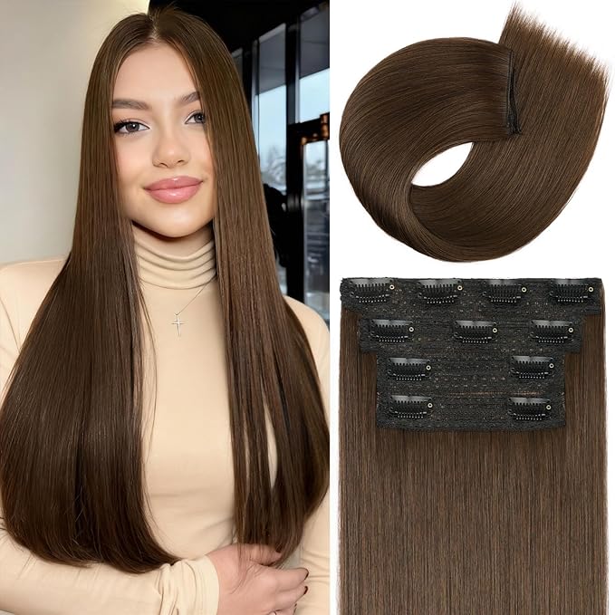 Clip in Synthetic Hair Extensions Long Straight 4PCS Thick Hairpieces Medium Brown Fiber Double Weft Natural Hair Extensions 22 Inch for Women