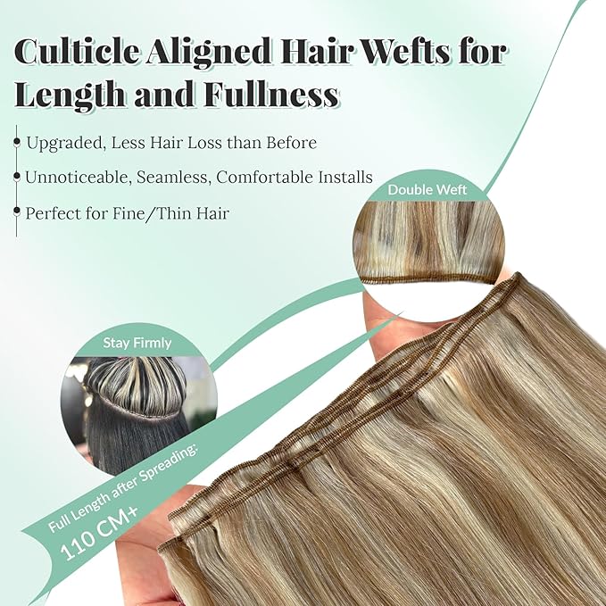 Sew in Hair Extensions Real Human Hair, 17A/60 Ash Blonde Highlight Double Weft Hair Extensions Human Hair, 18 Inch 100G Natural Soft Platinum Blonde Sew in Weft Bundles with Thick Ends