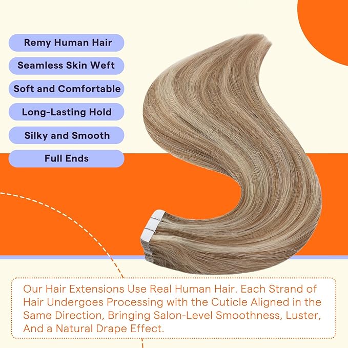 Full Shine Human Hair Tape in Extensions Color 10/613 Blonde With Brown 18 Inch Invisible Seamless Skin Weft Extensions Tape in 20 Pieces Straight Natural Remy Soft and Silky for Wedding 50 Grams